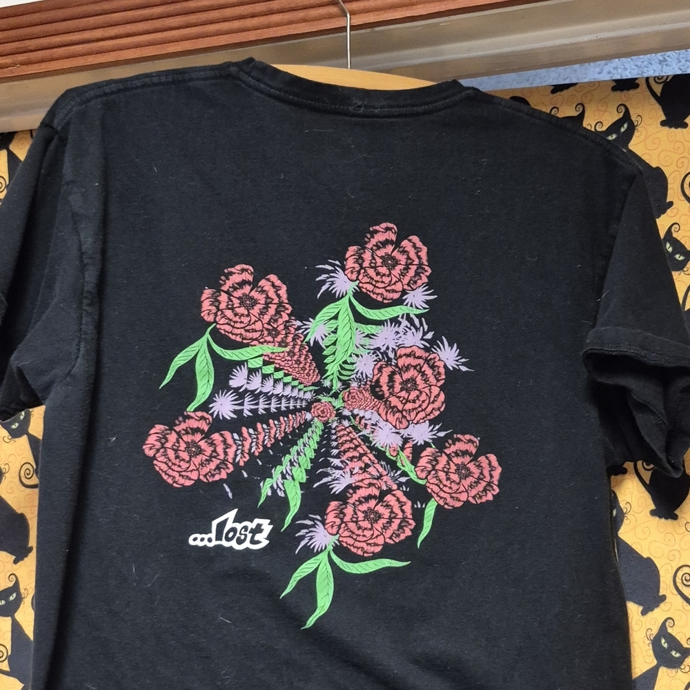 Lost Black Tee with Red and Green Floral Design